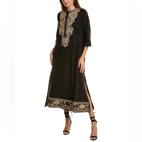 Roller Rabbit | Women's Classy Boho Flowy Gold Black Kurta Dress Size Medium - Picture 1 of 10